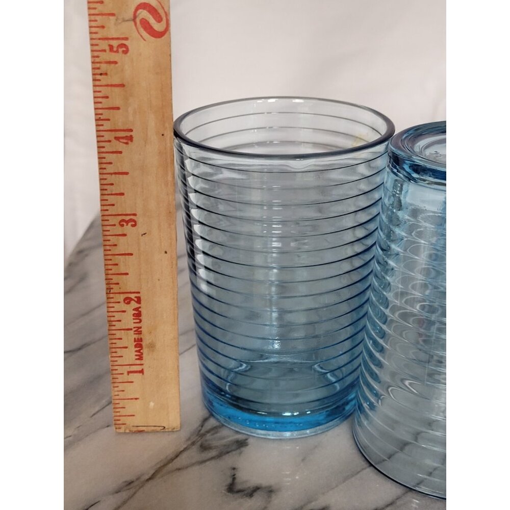 KIG Indonesia 4" Juice Glass Blue Concentric Ribbed Circular Pattern Vintage Set - Picture 12 of 13